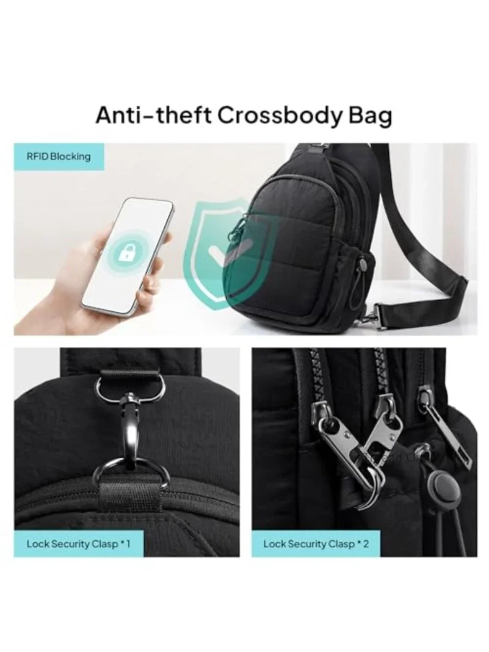 Anti-Theft Crossbody Bag with RFID Blocking & Water Bottle Holder